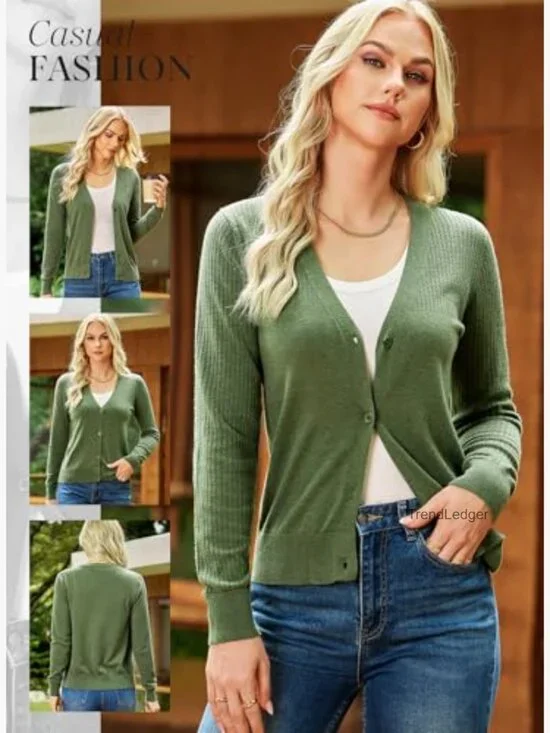 Wool Blend Cardigan Sweater Long Sleeve V-Neck Hollow Out Knit - Picture 3 of 7